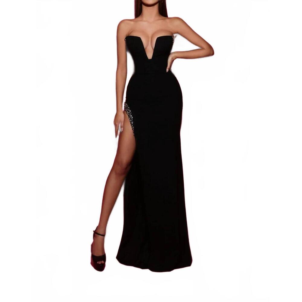 NEW TARIK EDIZ strapless evening gown with overskirt in black